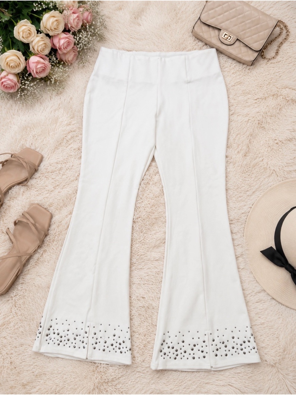 Slim Factor By Investments White Flared Pants with Studded Hem